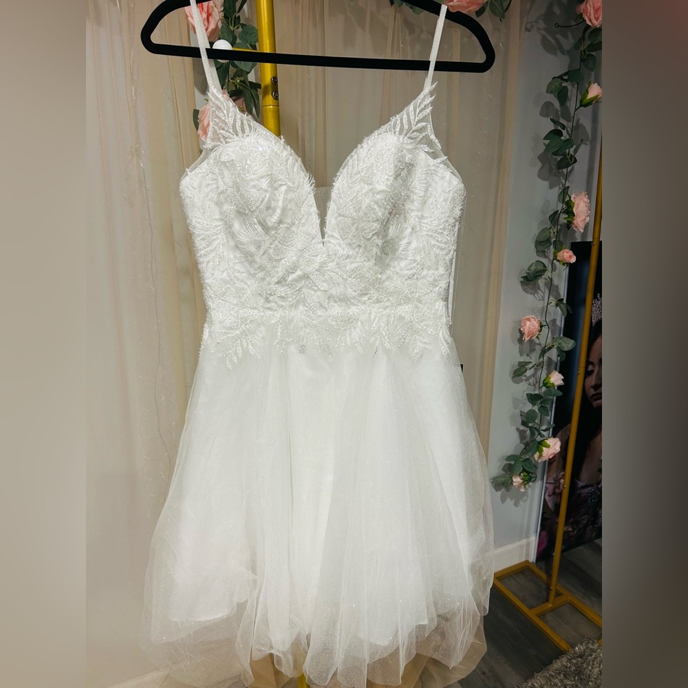 Lace Embellished White Mini Bridal Gown